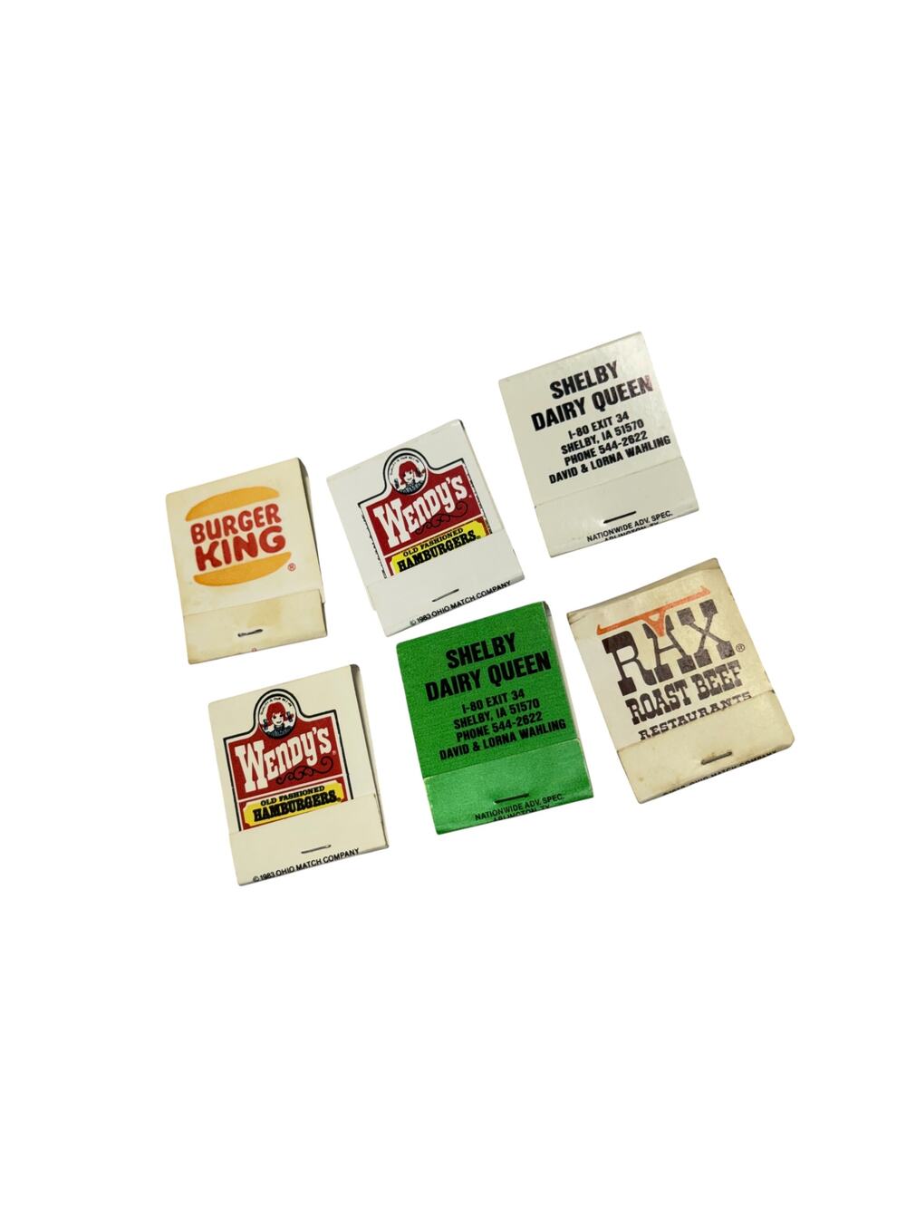 Lot 6 Vintage 1980s Fast Food Matchbooks Wendys Burger King Rax Dairy Queen